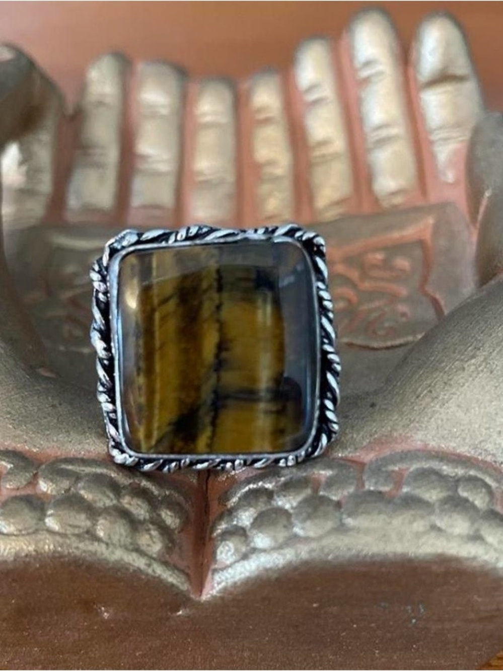 Silver Tiger Eye Square Sterling Ring size 8- Brown Stone